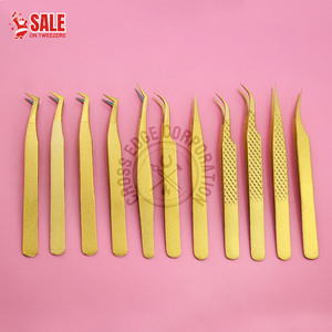 High Quality Golden Fiber Tip Eyelash Tweezers Hook Set Light Weight Stainless Steel 45 75 90 Degrees Lashes Tweezers - Product Image 1