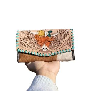 Portefeuille à trois volets en cuir véritable pour femme, style bohème vintage, été, fait main, imprimé animal, blocage RFID, fermeture à pression, fourrure - Product Image 1