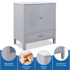 Lavandino da bagno in stile Vintage da 30 pollici con lavello multifunzionale e porta a chiusura morbida in grigio - Product Image 4