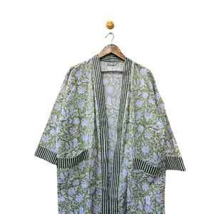 Vestido Kimono largo de algodón con estampado Floral verde/bata ligera, tela transpirable para mujer, moda de verano - Product Image 3