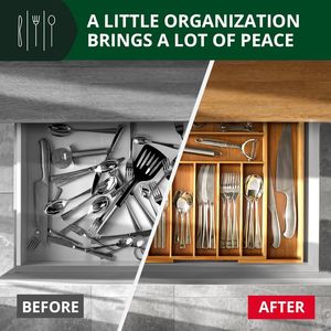 Organisateur de tiroir de cuisine en bambou de luxe à 9 compartiments, porte-couverts et ustensiles avec plateau à couverts, séparateurs de tiroir à couverts élégants - Product Image 2