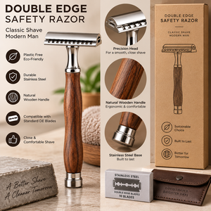 Rasoir de sécurité à double tranchant en acier inoxydable avec manche en bois pour hommes, idéal pour l'extérieur et les salons de coiffure - Product Image 1