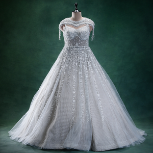 New Vision Pale Blue Sequined <b>Net</b> Women's Evening Gown | Hand-Embroidered Pentagon Neck Bridal Wedding Gown | Couture Floral - Product Image 2