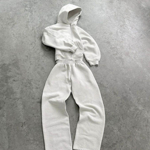 Unisex <b>White</b> Hooded <b>Tracksuit</b> Full Sleeve Loose Fit Solid Color Casual Streetwear With Side Pockets Autumn Wear 100% Cotton - Product Image 1