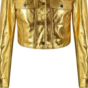 Veste de motard courte en cuir véritable doré métallisé style denim pour femme, personnalisée pour l'université, avec boutons sur le devant - Product Image 5