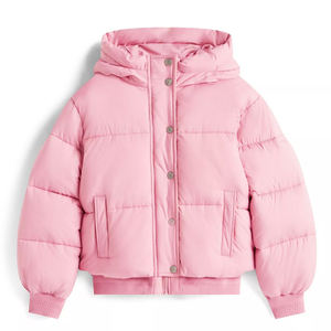 Veste matelassée rose à capuche coupe classique coupe-vent d'hiver unisexe décontractée couleur unie fermeture boutonnée rembourrage épais en polyester - Product Image 1