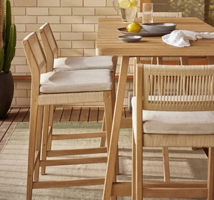 Conjunto de Mesa de Comedor de Madera de Teca Sólida Moderna para Exteriores, Bar, Hotel, con Taburetes Altos, Respaldo de Cuerda, Cojín, Resistente al Agua, Ecológico, Estilo Tropical - Product Image 2