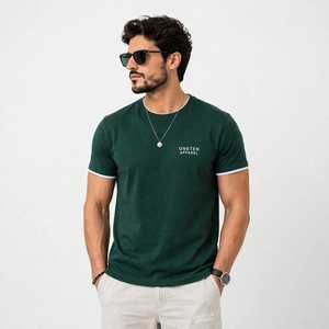 T-shirt à manches courtes pour homme, vert foncé, col rond, avec bordure blanche contrastée - Product Image 5