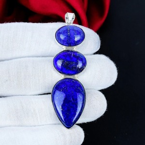 Colgante de Plata de Ley 925 con Triple Piedra de Lapislázuli en Engaste de Bisel, Hecho a Mano por Diseñador, Joyería para Mujer, Venta al por Mayor, Regalo - Product Image 1