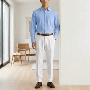 Ensemble chemise et pantalon pour homme, 100% polyester tissé, respirant, bleu clair, manches longues, boutonné, pantalon plissé, tenue décontractée pour le bureau - Product Image 1