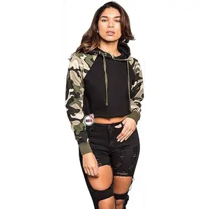 100 % polyester printed full sleeves breathable custom logo solid color women blank camouflage crop top hoodies and sweatshirt