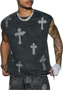 Camiseta sin mangas con gráfico de diamantes de imitación para hombre, estilo streetwear con lavado ácido, logotipo personalizado, fábrica OEM - Product Image 3