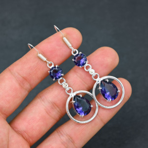 Customised Handmade Classical <b>Earrings</b> 925 Solid <b>Silver</b> Jewelry For Women Tanzanite Topaz Gemstone Style <b>Earrings</b> 1.90" Inch - Product Image 2