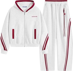 Ensemble de survêtement unisexe blanc avec rayures rouges, sweat-shirt à capuche zippé et pantalon long décontracté coupe ample pour l'automne - Product Image 1