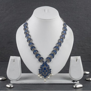 DIVYORO ROYAL BLUE FLORAL MOTIF OXIDIZED SILVER <b>LONG</b> ADJUSTABLE LENGTH CLASSIC STYLE PARTY <b>NECKLACE</b> SET - Product Image 1