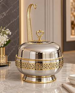 Luxury Round Gold Stainless Steel Chafing Dish Pot with Ladle Hook Arabian Cutout Design Food <b>Warmer</b> for Hotel Catering <b>Buffet</b> - Product Image 2
