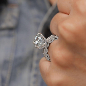Emerald & Round Cut Moissanite Diamond Halo Engagement <b>Ring</b> <b>Iced</b> Out Style Hidden Halo Solitaire Wide Band Cocktail Wedding <b>Ring</b> - Product Image 4