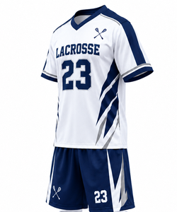 Ensemble short et maillot de lacrosse pour homme, blanc marine, 100 % polyester, imprimé par sublimation, col en V, numéro d'équipe 23, logo frontal, élastique - Product Image 5