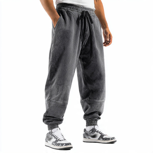 Pantalon de jogging décontracté gris en coton délavé pour homme, taille élastique avec cordon de serrage, style automne, tricoté mi-lourd - Product Image 1