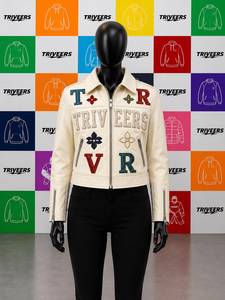 Women’s Premium <b>White</b> Leather <b>Jacket</b> Custom Embroidered Patch Cropped Fashion <b>Biker</b> <b>Jacket</b> OEM ODM Manufacturer - Product Image 2