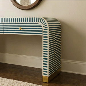 A <b>black</b> and white striped bone inlay <b>console</b> <b>table</b> with brass feet accents, available at wholesale prices Bone Inlay Furniture - Product Image 4