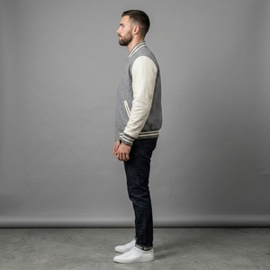 Men's Light Grey Wool <b>Jacket</b> Cream Sleeves Custom Logos Rib Knit Collar Cuffs Zip Front Luxury Streetwear Bomber Outerwear Style - Product Image 3