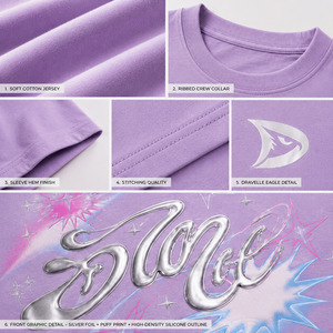 Camiseta Corta Morada Oversize para Mujer, Manga Tres Cuartos, Estampado de Estrellas, Cuello Redondo, Corte Holgado, Primavera Verano, Algodón Jersey - Product Image 6