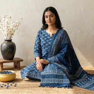 Costume Punjabi de luxe bleu indigo à fleurs pour femmes |   Ensemble Kurti Pyjama en Coton Fait Main avec Imprimé au Bloc et Sarong |   Robe indienne Pro - Product Image 3