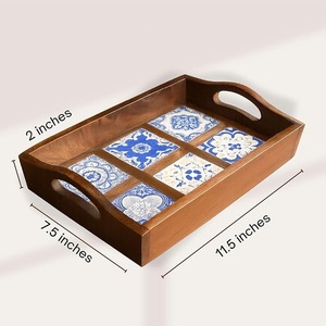 Bandeja de Servir de Madera Hecha a Mano con Incrustaciones de Azulejos de Cerámica Azul, Bandeja Decorativa para Té y Café - Product Image 5