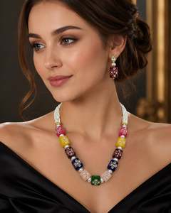 Colorful Pearl Beaded Necklace and Earring <b>Set</b> <b>Square</b> Floral Jewelry <b>Set</b> for Party Wedding - Product Image 4