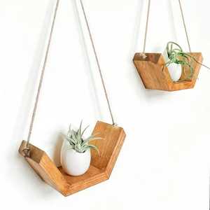 Étagère flottante rustique en bois avec corde, en forme de V, géométrique, à suspendre au mur, support de présentation pour plantes, porte-pot de fleurs d'intérieur - Product Image 1