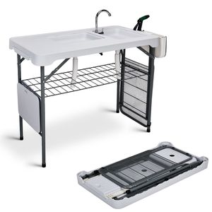 Tavolo Portatile per Pulizia Pesci da 42,5 Pollici con Doppio Lavello, Tavolo Pieghevole da Campeggio con Rubinetto, Spruzzatore e Griglia, Design a Doppio Lavello - Product Image 5