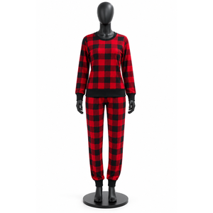 Ensemble pyjama homme en polyester doux imprimé à carreaux rouges et noirs pour l'automne, haut à manches longues col rond et pantalon de jogging, vêtements de nuit - Product Image 1