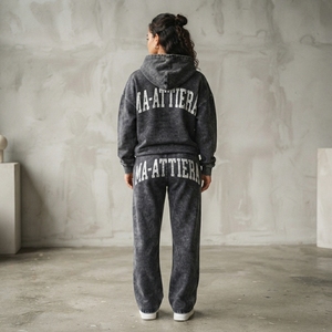 Conjunto de Sudadera con Capucha Negra Lavada Personalizada y Pantalones Anchos de Felpa para Mujer, Chándal de Algodón Estilo Urbano OEM ODM - Product Image 2