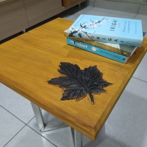Modern <b>Wooden</b> Side Table With Leaf Inlay Contemporary Design Living Room Furniture Durable Metal Legs - Product Image 4