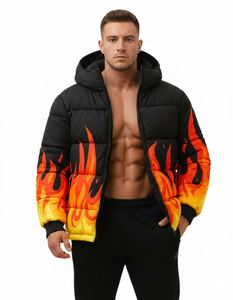 Chaqueta Acolchada Negra con Estampado de Llamas para Hombre, Chaqueta de Invierno con Capucha, Estilo Urbano, Hip Hop, Moda - Product Image 3