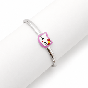 925 Sterling Silver Pink Cat Enamel Kids <b>Bangle</b> Bracelet <b>Set</b> High Polish Cartoon Animal Design for Girls Daily Wear Party Gift J - Product Image 2