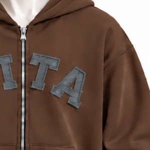 Sweat-shirt à capuche zippé marron pour homme, en molleton épais avec appliqué lettres en chenille, coupe oversize, style streetwear décontracté, avec poches avant - Product Image 5