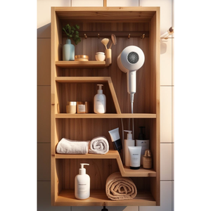 Modern <b>Teak</b> Wood Bathroom Storage <b>Shelf</b> with Hair Dryer Holder and Multi Functional Wall Organizer - Product Image 1