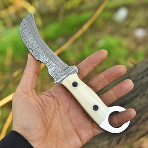 Hand Forged Damascus Steel Bushcraft <b>Knife</b> Camel <b>Bone</b> <b>Handle</b> Full Tang Hawkbill <b>Knife</b> with Leather Sheath Custom OEM - Product Image 2