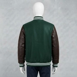 Veste de sport verte pour homme, manches en cuir PU, col rabattu, vêtement décontracté d'automne, fermeture à boutons, coupe classique - Product Image 5
