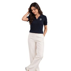 เสื้อโปโลผู้หญิงสีกรมท่า ผ้าริบ แต่งโลโก้ปัก แขนสั้น คอวี - Product Image 2