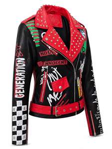 Chaqueta de Motocicleta de Cuero PU para Mujer, Estilo Punk, Cuello Rojo, Decoración con Remaches, Cierre de Cremallera, Corte Ajustado, Resistente al Agua, para Invierno - Product Image 3