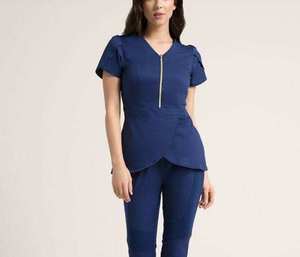 GLOWING NEON INDUSTRY Women's Doctor Scrub <b>Top</b> Set V-Neck Short Sleeve Rayon Woven Fabric Seamless Fusing Hospital Uniform - Product Image 1