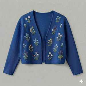 Cárdigan Azul de Punto para Mujer, Bordado Floral, Cuello en V, Manga Larga, Estilo Bohemio, Corto, para Primavera - Product Image 1