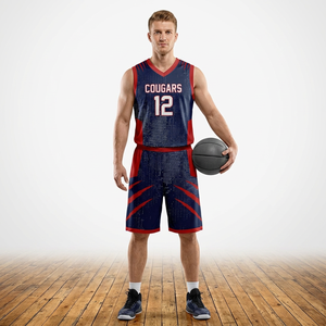 Conjunto de Camiseta de Baloncesto Cougars Sublimada, sin Mangas, Cuello en V, Malla Transpirable, Ajuste para Adultos, Rojo Marino 12 - Product Image 3