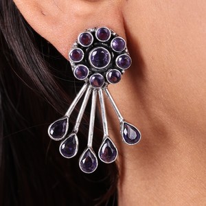 Trendy Brass Oxidized Silver Zircon Flower Design Multi Gemstone Dangle Drop <b>Earrings</b> Wholesale Bulk Handmade Designer for Women - Product Image 2