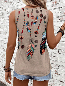 เสื้อกล้ามผู้หญิงสำหรับฤดูร้อน ลายขนนก คอกลม แขนกุด สไตล์วินเทจ ทรงหลวม - Product Image 4