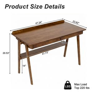 Scrivania Moderna Stile Mid-Century con 2 Cassetti e Ripiano Portaoggetti in Legno Massello e MDF per Ufficio Domestico e Spazi Ridotti, Ideale per Hotel - Product Image 3