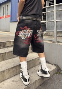 Men's Street Style Embroidered Tiger <b>Denim</b> Shorts Mid Waist Button Fly Canvas <b>Material</b> Anti-Wrinkle Breathable Windproof - Product Image 2